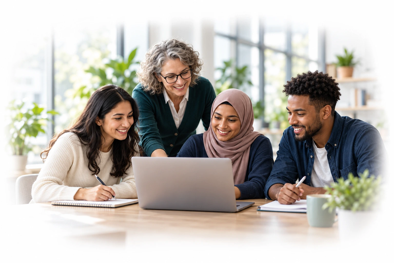 Educator supporting adult students as they review learning information together on a laptop