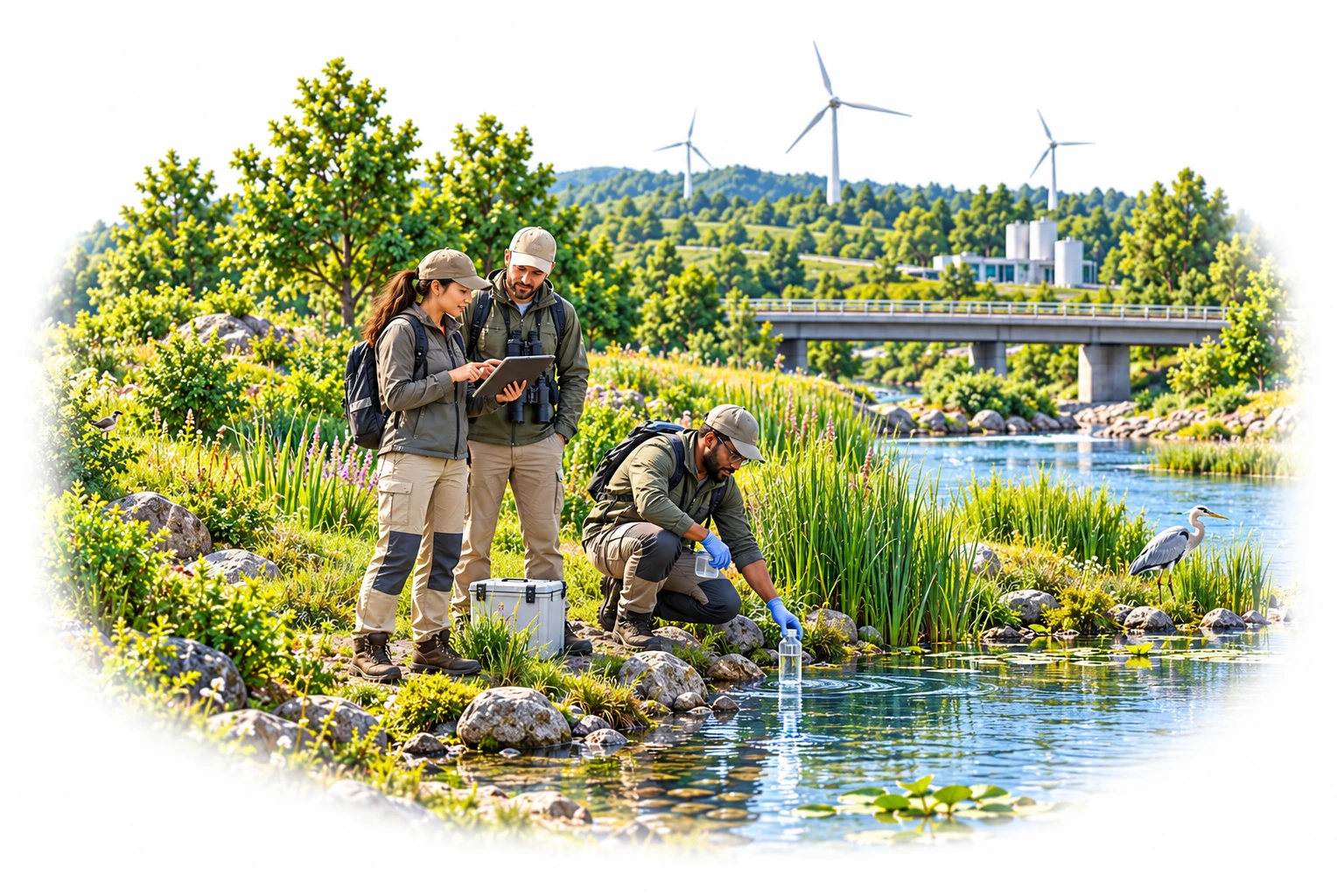 Illustration of ecologists surveying a watercourse and wildlife habitat