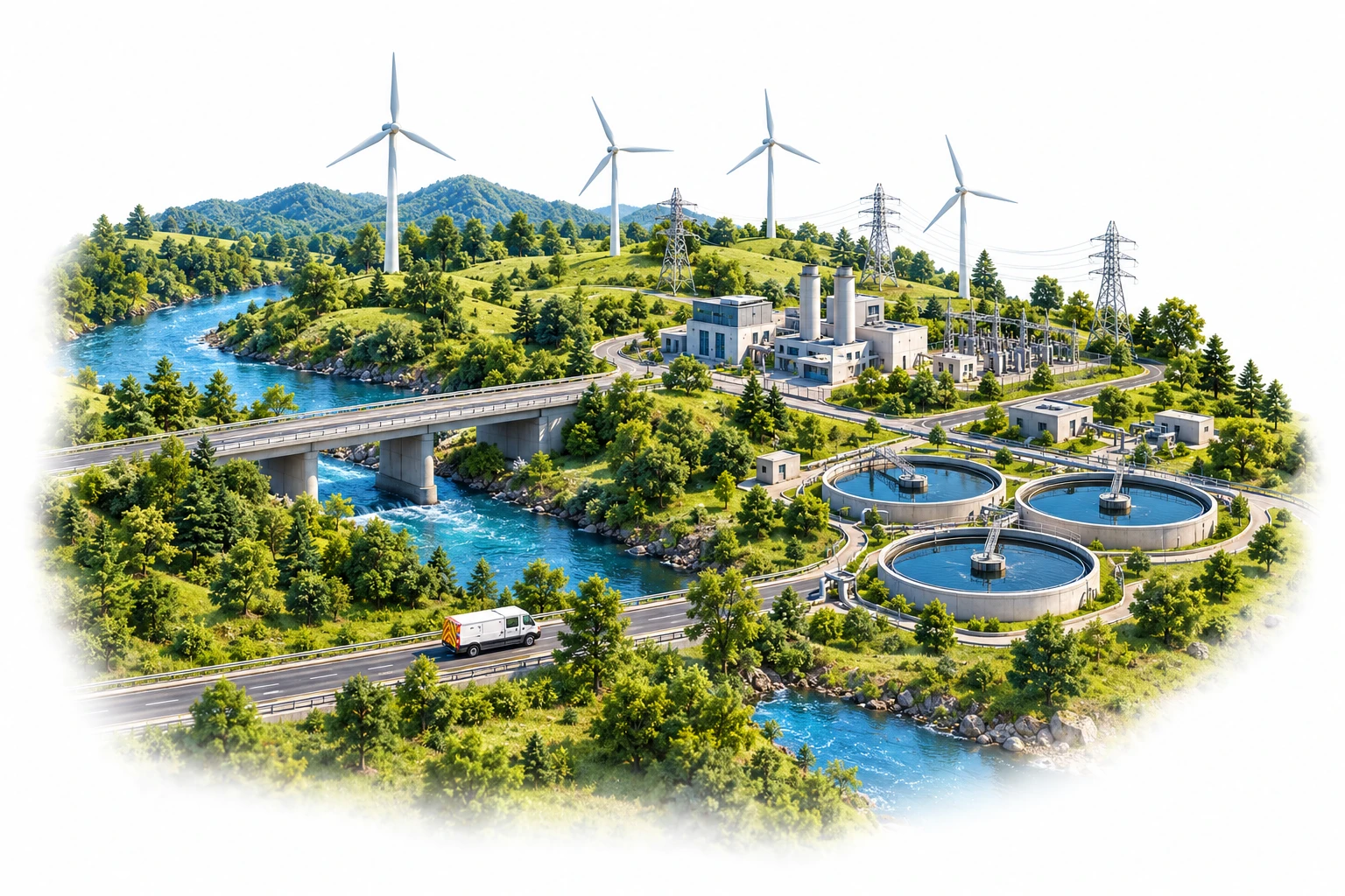 Illustration of connected energy, water and utility infrastructure
